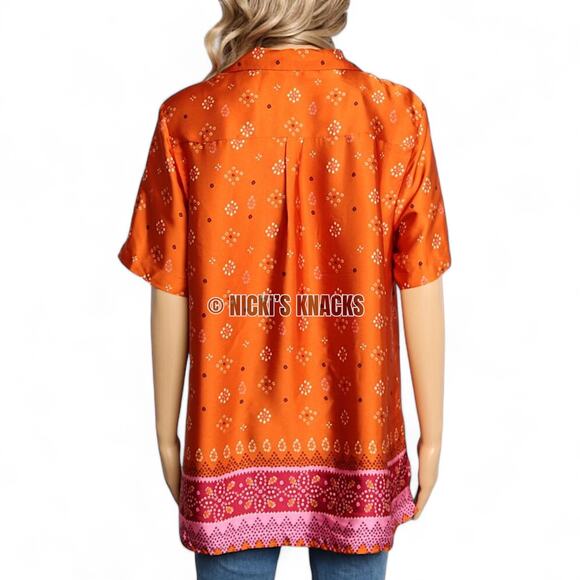 DR2 Satin Button Down Shirt Geometric Boho Vacation Resortwear Orange Pink Sze L - Picture 5 of 9